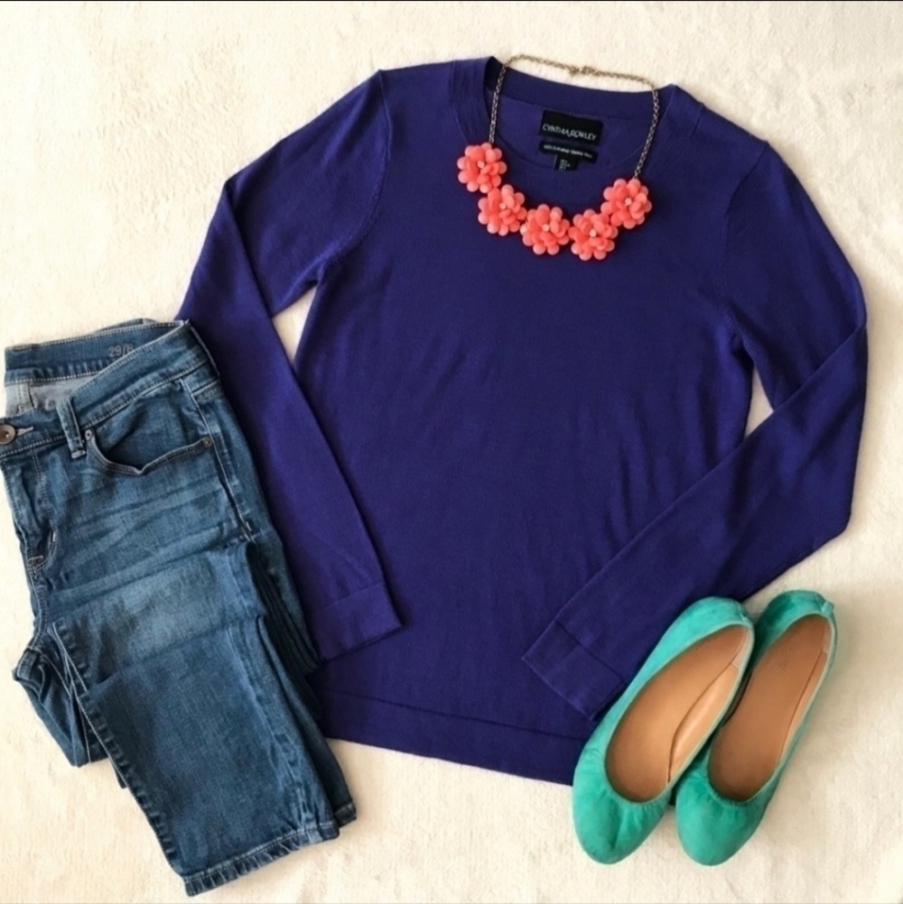 Cynthia Rowley 100% Extra Fine Merino Wool Crew Neck Sweater Deep Purple Small S